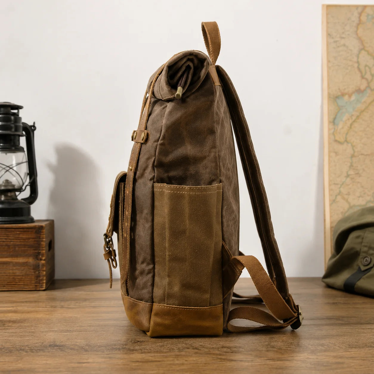 Men’s Waxed Canvas Backpack - Buckle Flap Leather Trim