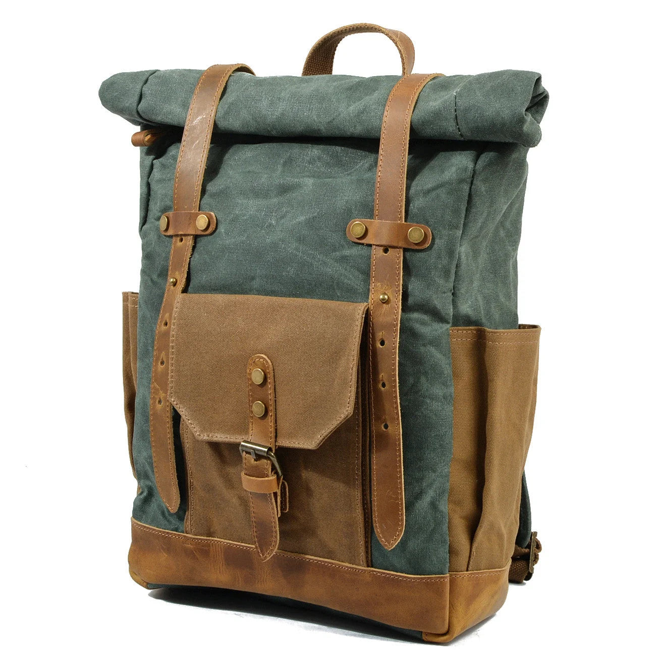 Men’s Waxed Canvas Backpack - Buckle Flap Leather Trim