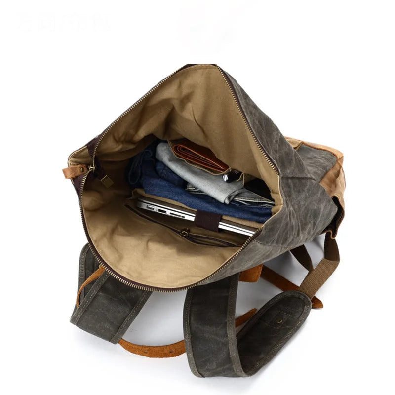 Men’s Waxed Canvas Backpack - Buckle Flap Leather Trim