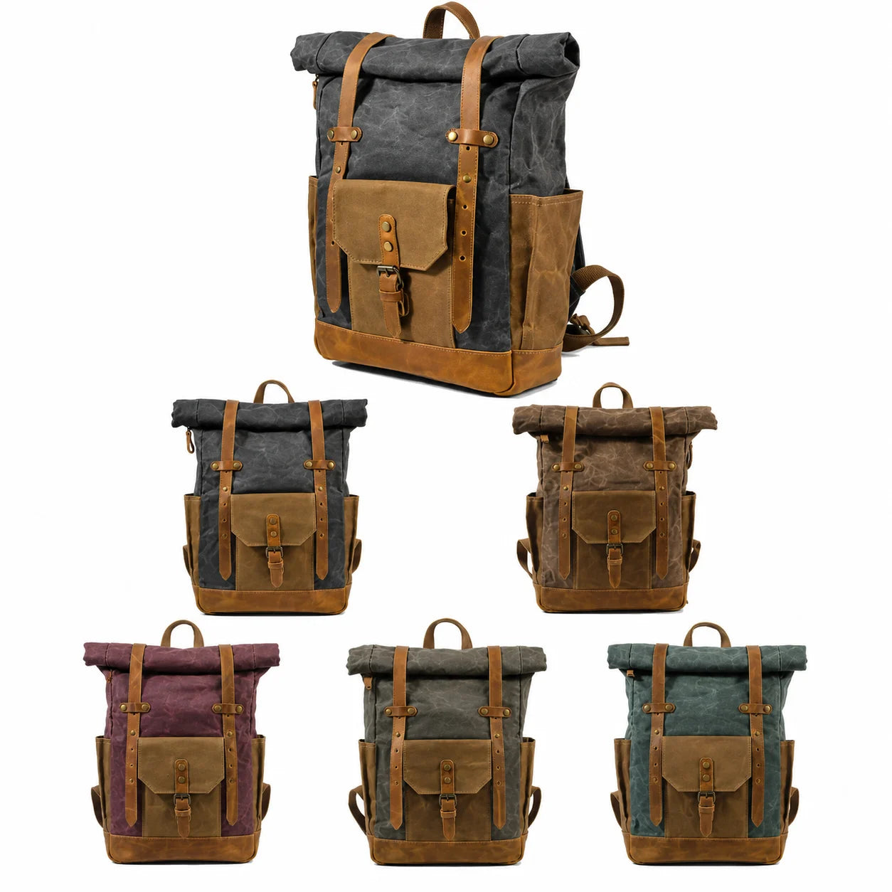 Men’s Waxed Canvas Backpack - Buckle Flap Leather Trim