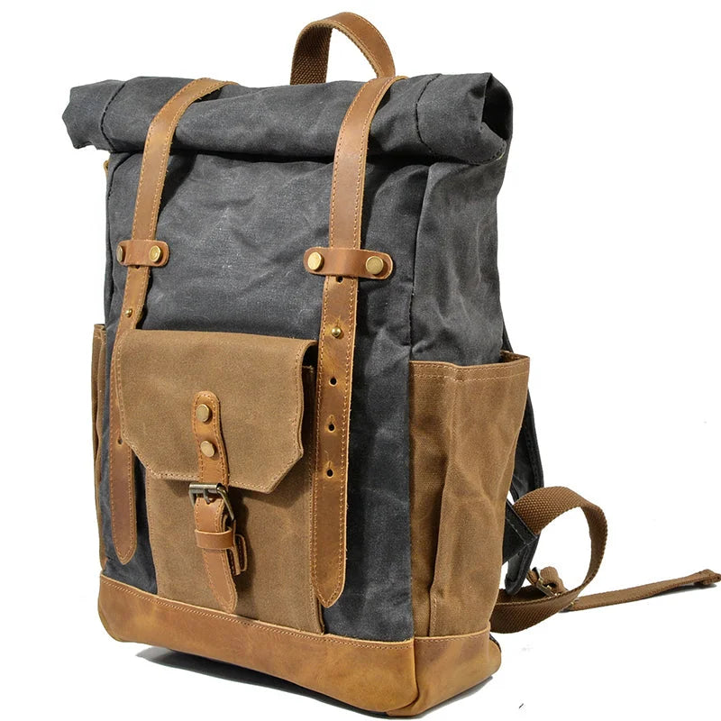 Men’s Waxed Canvas Backpack - Buckle Flap Leather Trim