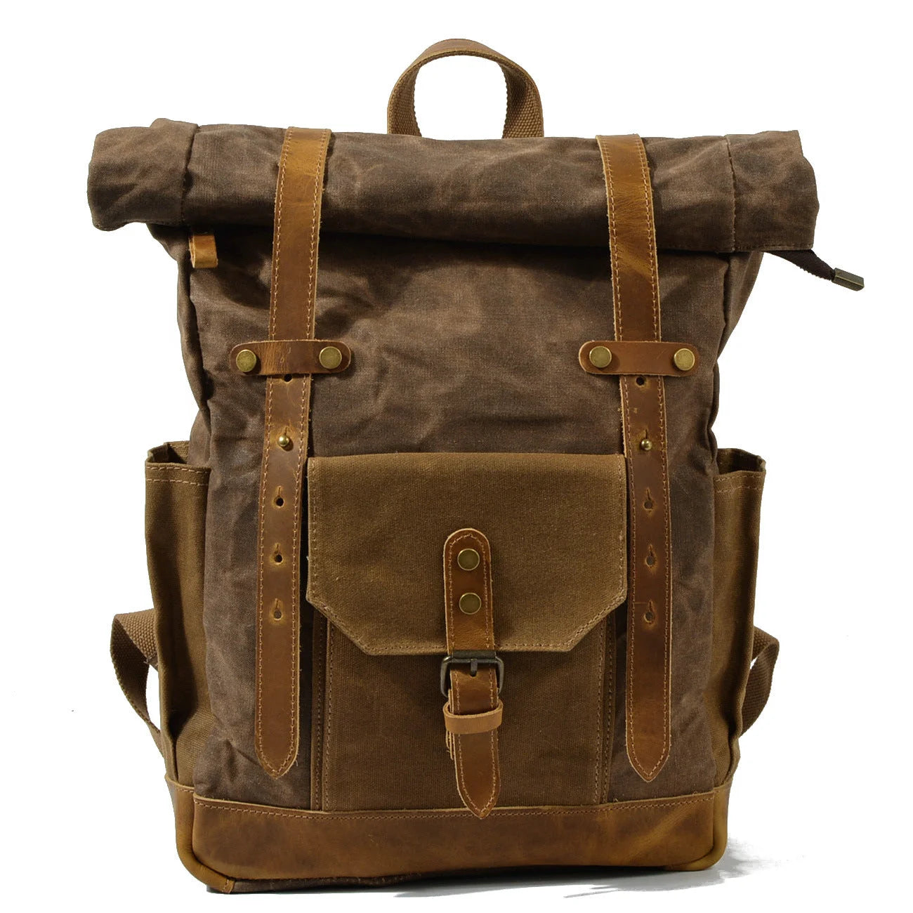 Men’s Waxed Canvas Backpack - Buckle Flap Leather Trim