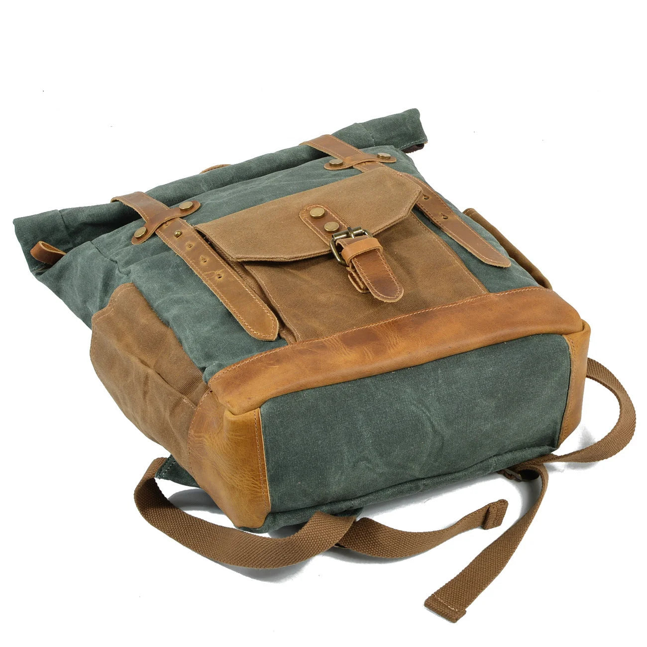 Men’s Waxed Canvas Backpack - Buckle Flap Leather Trim