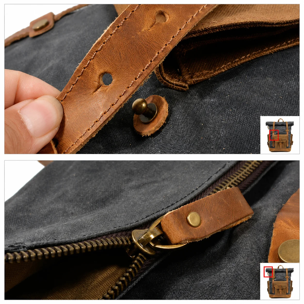 Men’s Waxed Canvas Backpack - Buckle Flap Leather Trim
