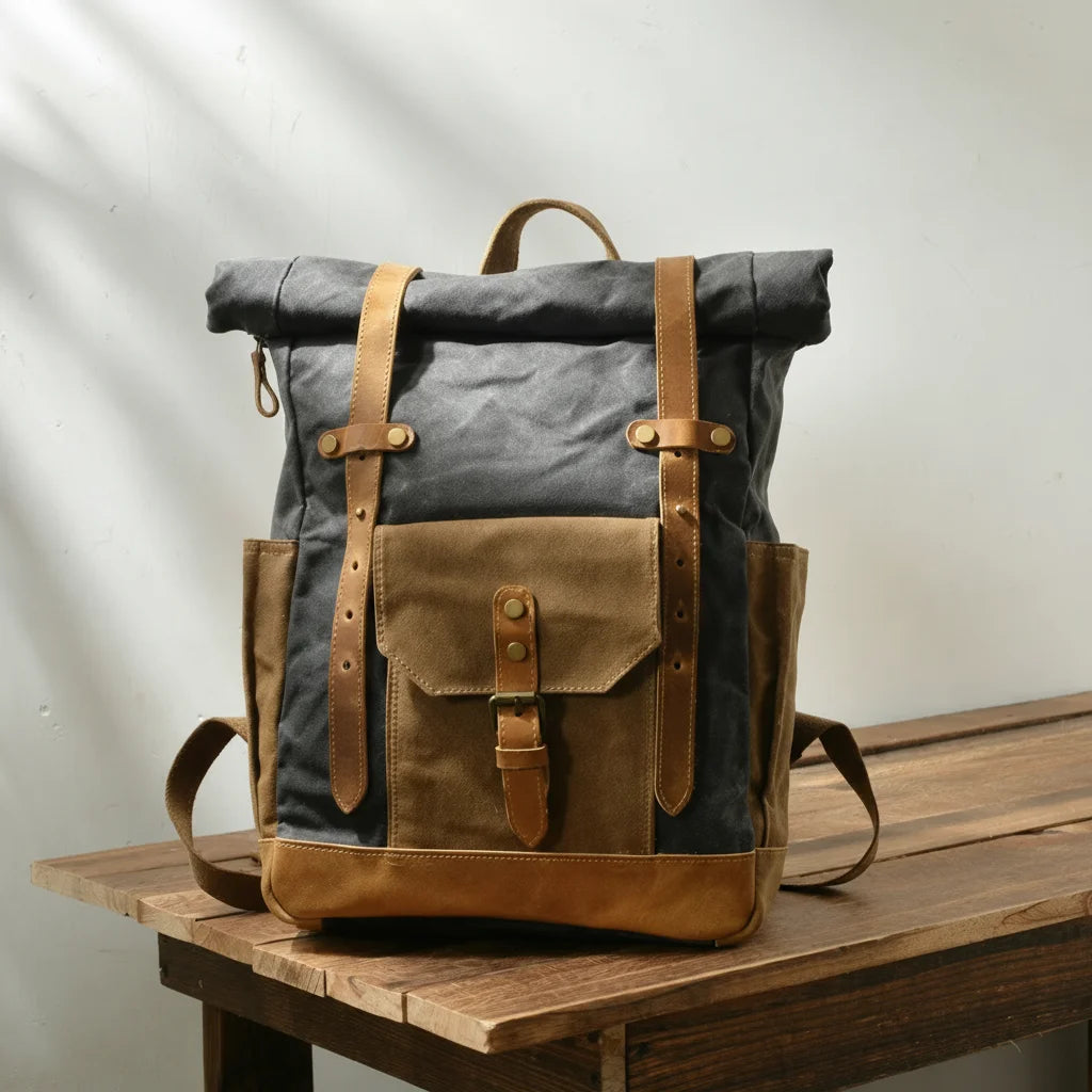 Men’s Waxed Canvas Backpack - Buckle Flap Leather Trim