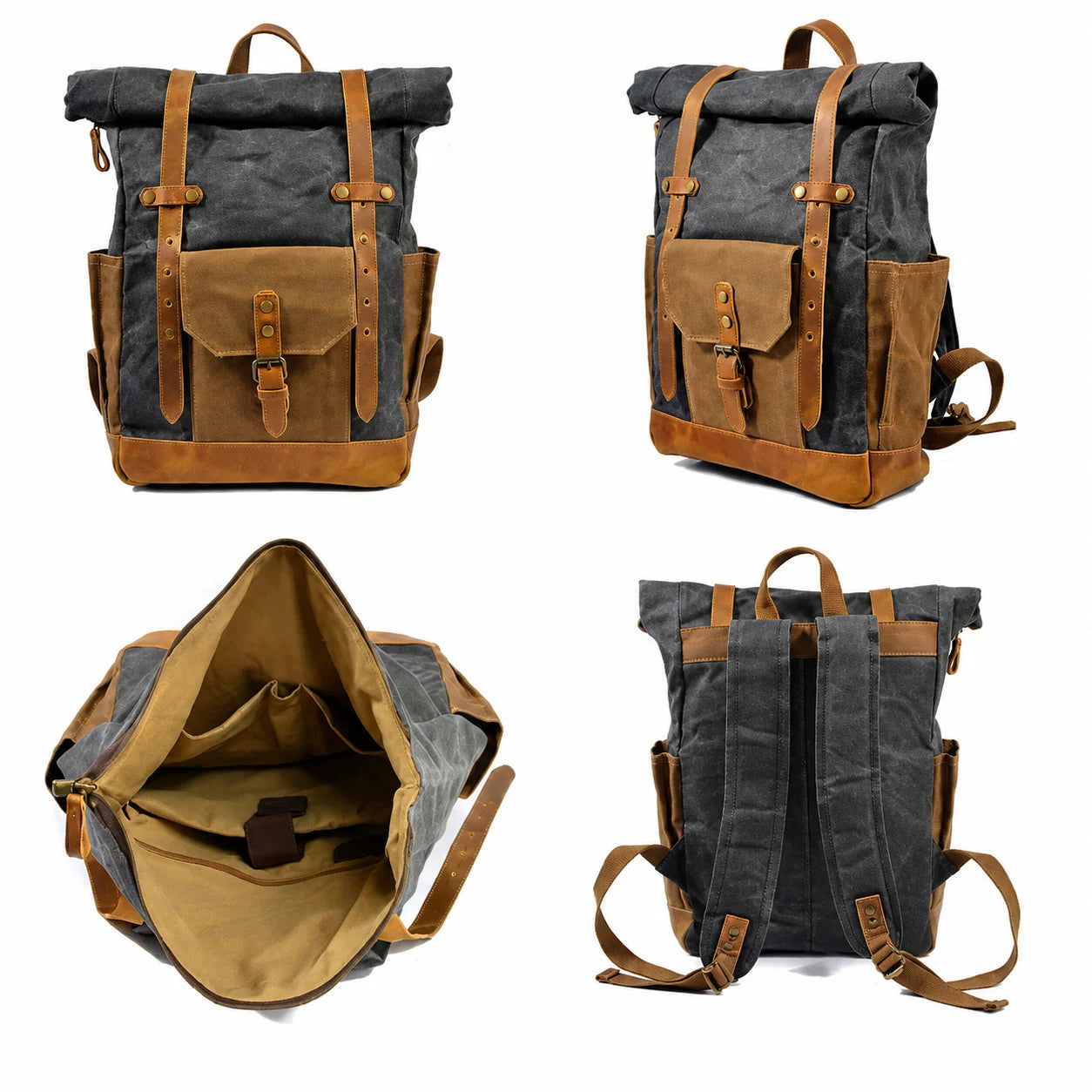 Men’s Waxed Canvas Backpack - Buckle Flap Leather Trim