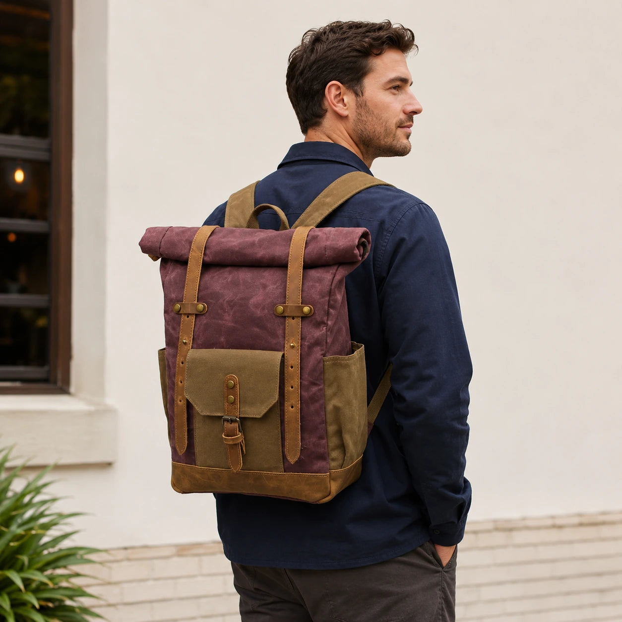 canvas leather trim backpack RRL Leather-Trim grain leather trim Bluboon Canvas Vintage Backpack Leather