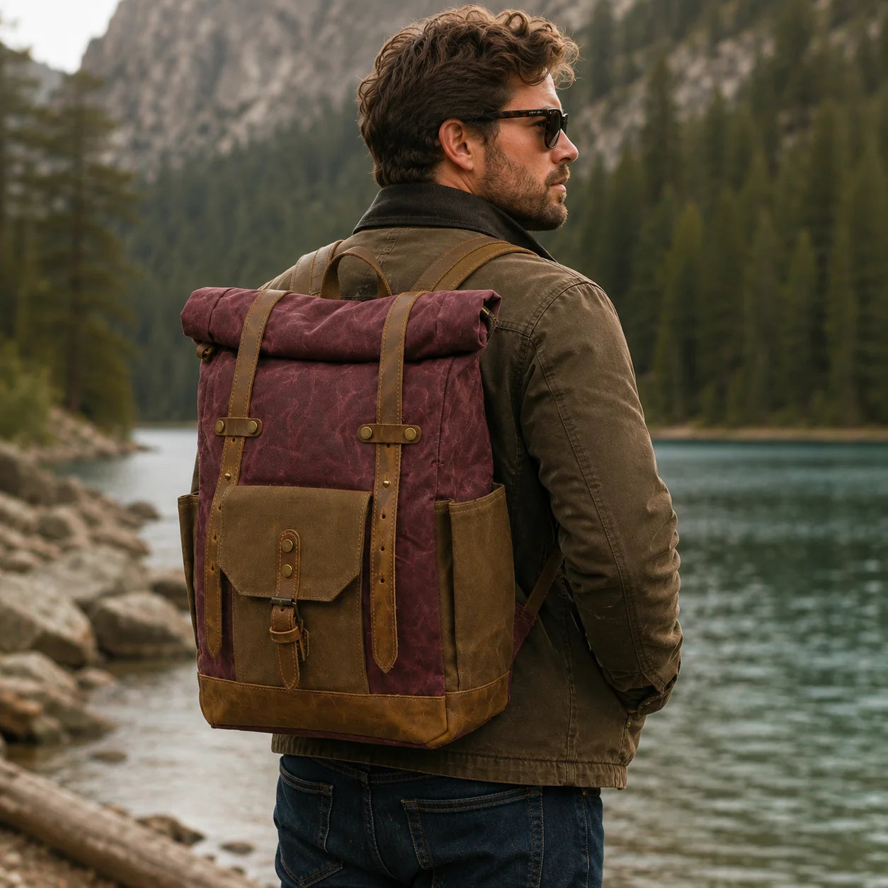 Men’s Waxed Canvas Backpack - Buckle Flap Leather Trim