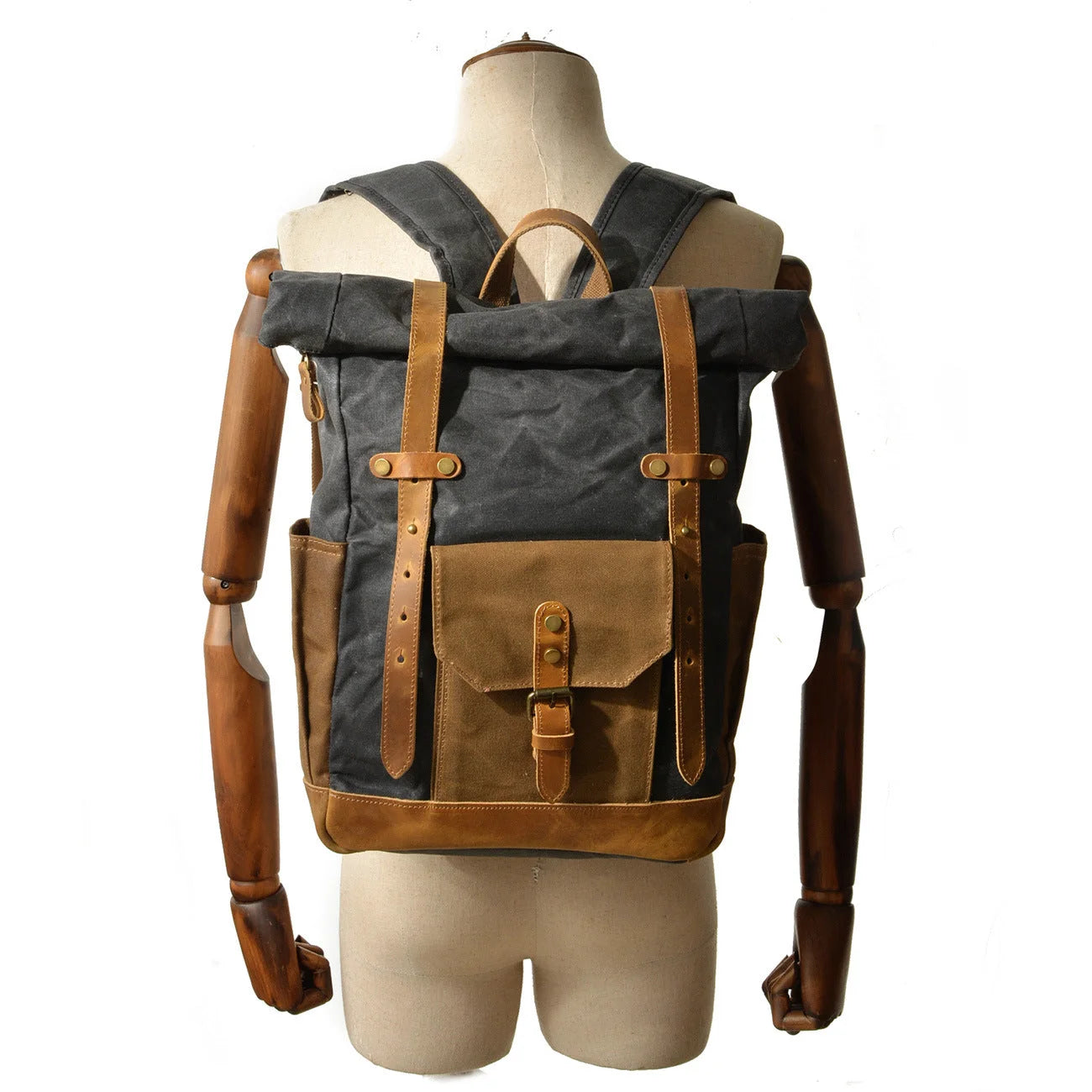 Men’s Waxed Canvas Backpack - Buckle Flap Leather Trim