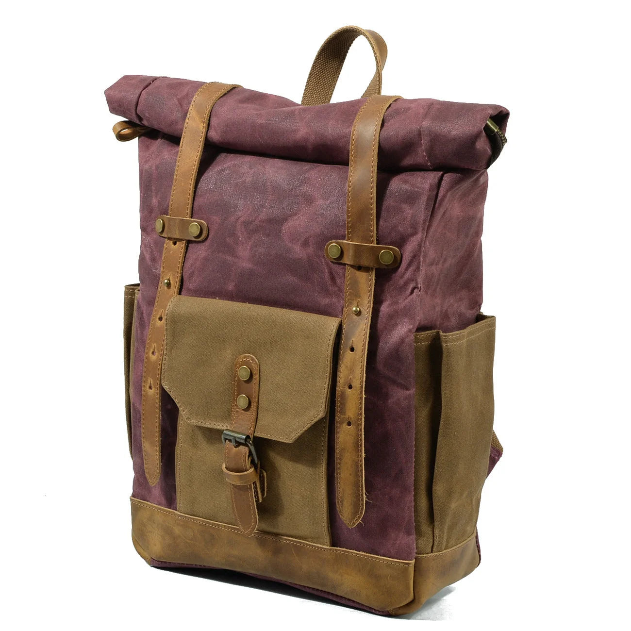 Men’s Waxed Canvas Backpack - Buckle Flap Leather Trim