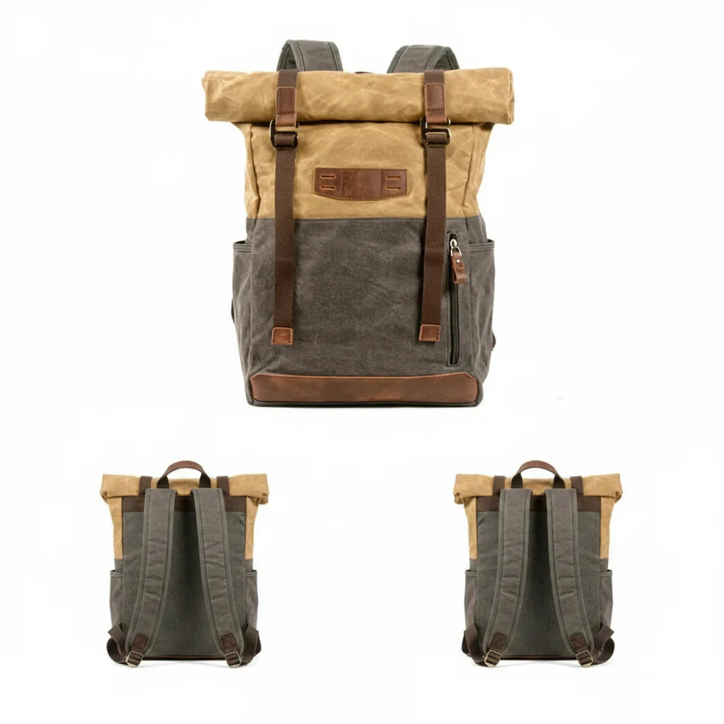 Men’s Waxed Canvas Backpack - Cowhide Leather Trim Rucksack