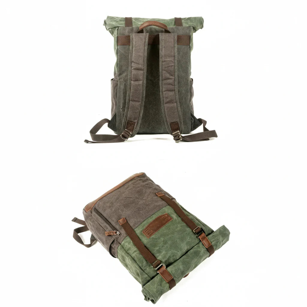 Men’s Waxed Canvas Backpack - Cowhide Leather Trim Rucksack