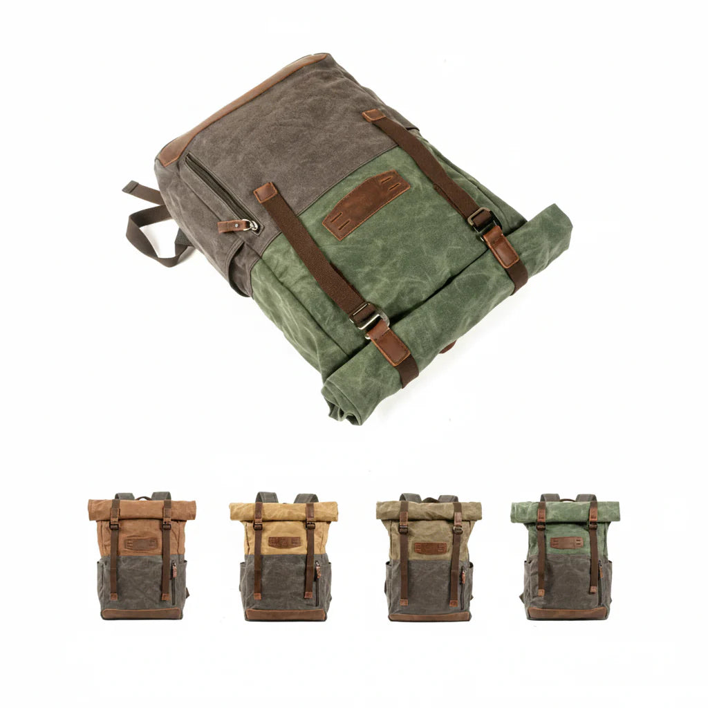 Men’s Waxed Canvas Backpack - Cowhide Leather Trim Rucksack