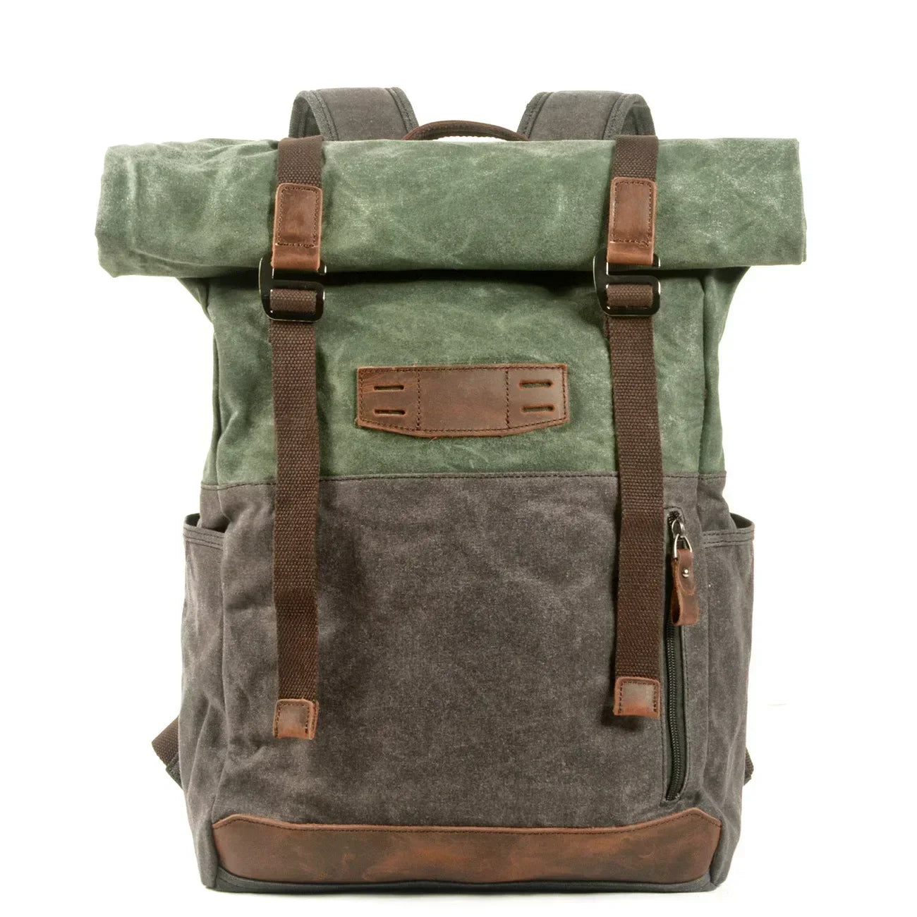 Men’s Waxed Canvas Backpack - Cowhide Leather Trim Rucksack - Green
