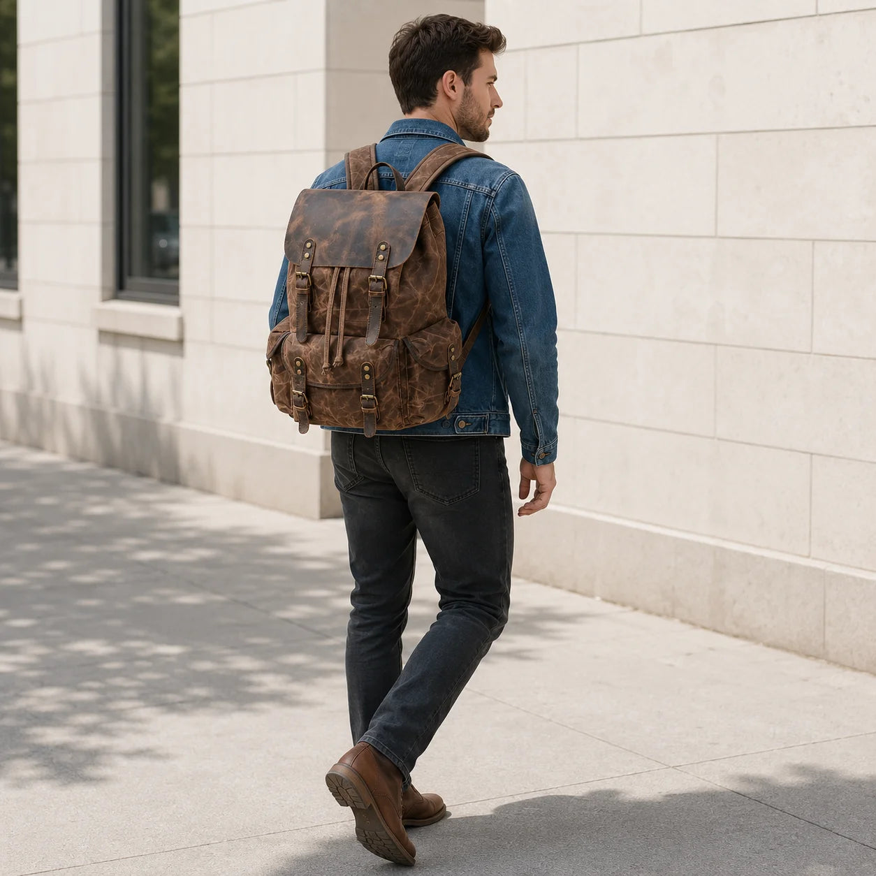 Men's Waxed Canvas Backpack - Crazy Horse Leather Multi-Pocket Rucksack