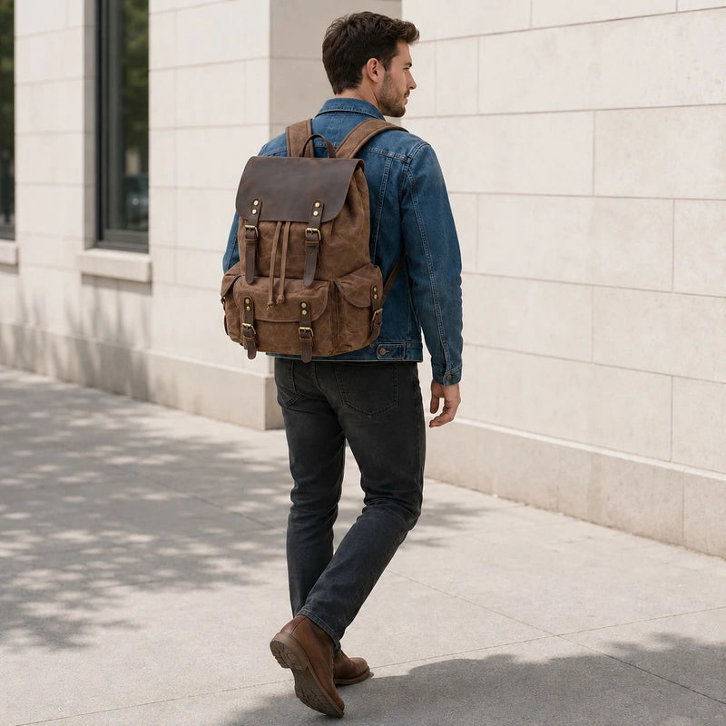 Men’s Waxed Canvas Backpack - Crazy Horse Leather Multi-Pocket Rucksack