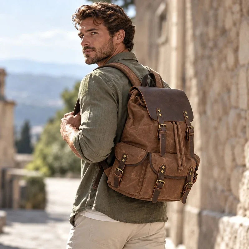 Men’s Waxed Canvas Backpack - Crazy Horse Leather Multi-Pocket Rucksack
