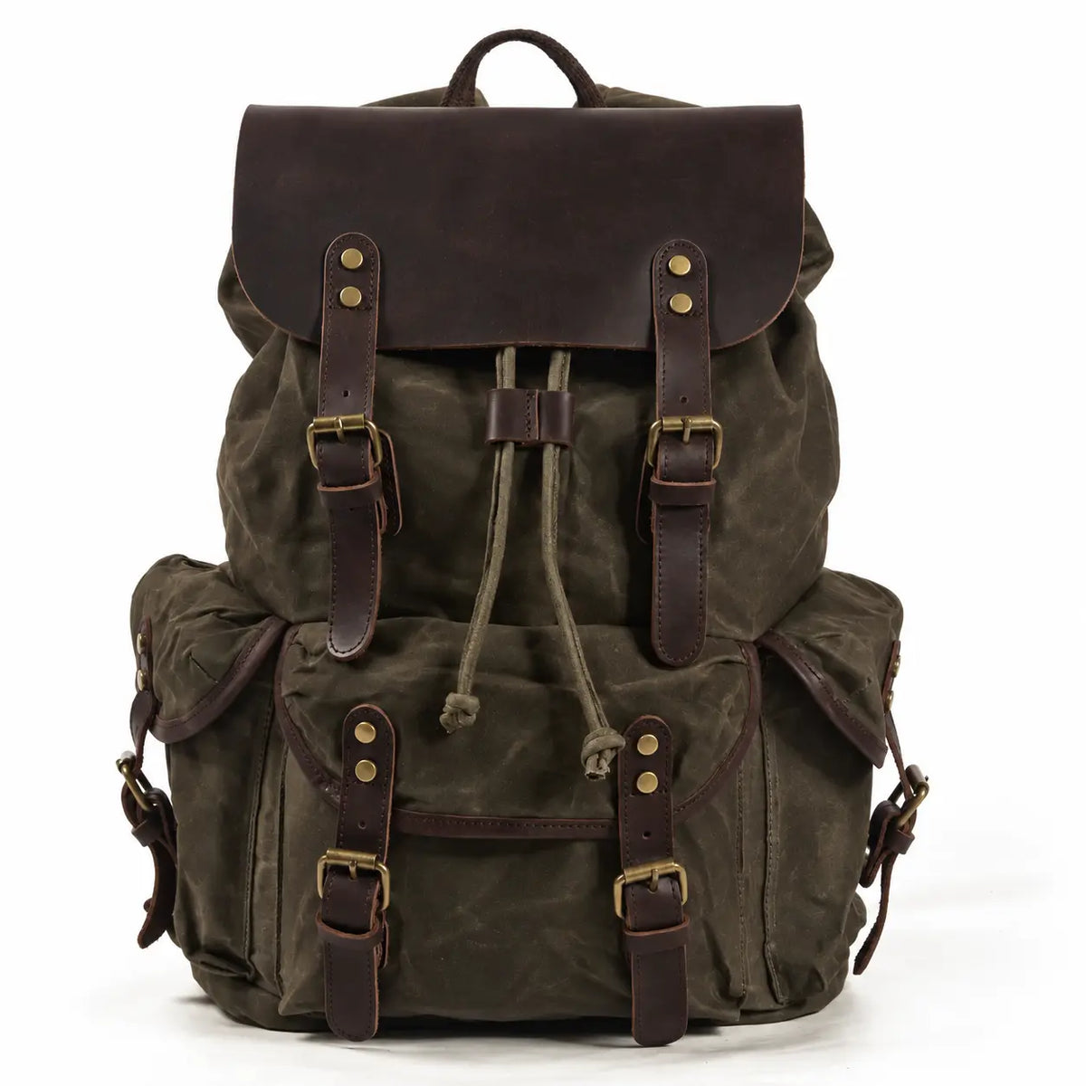 Men’s Waxed Canvas Backpack - Crazy Horse Leather Multi-Pocket Rucksack - Olive