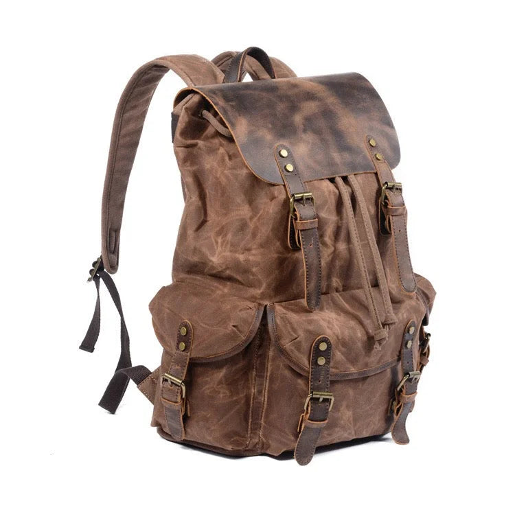 Men’s Waxed Canvas Backpack - Crazy Horse Leather Multi-Pocket Rucksack