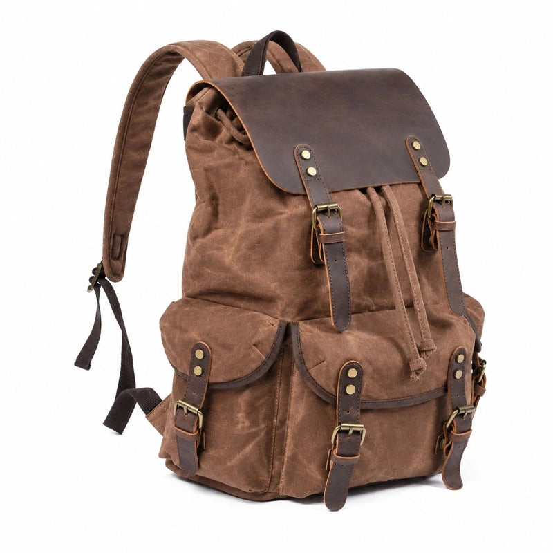 Men’s Waxed Canvas Backpack - Crazy Horse Leather Multi-Pocket Rucksack