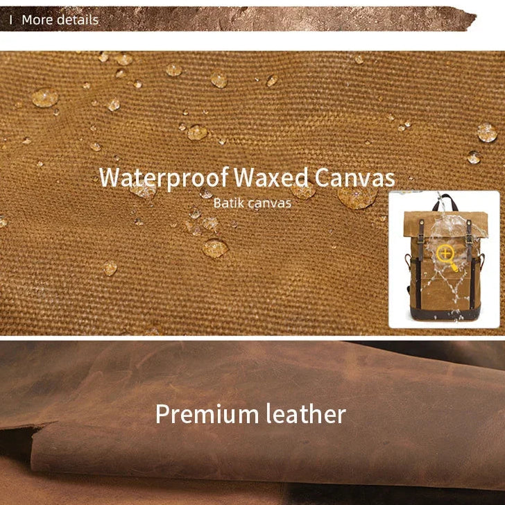 Men’s Waxed Canvas Backpack - Expandable Roll-Top with Leather Trim