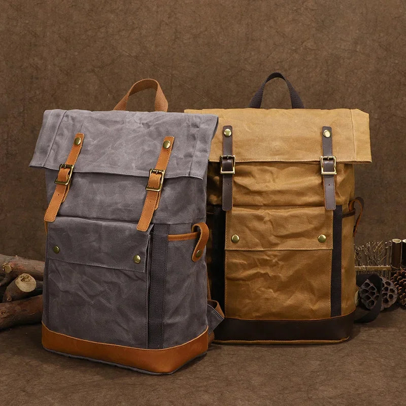 Men’s Waxed Canvas Backpack - Expandable Roll-Top with Leather Trim