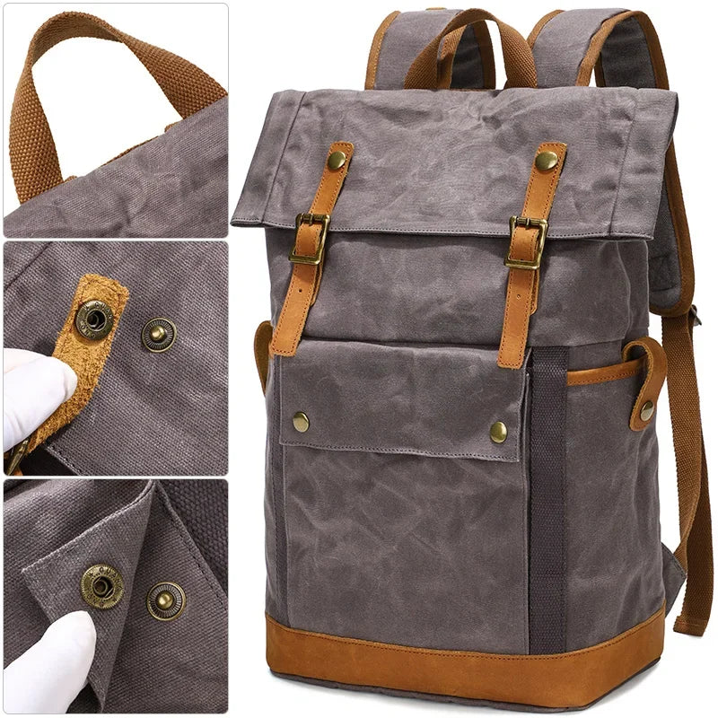 Men’s Waxed Canvas Backpack - Expandable Roll-Top with Leather Trim