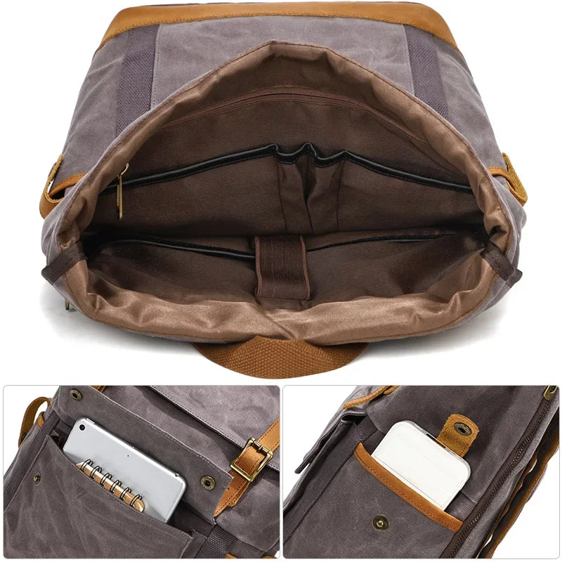 Men’s Waxed Canvas Backpack - Expandable Roll-Top with Leather Trim