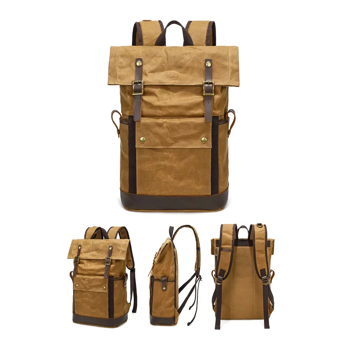 Men’s Waxed Canvas Backpack - Expandable Roll-Top with Leather Trim