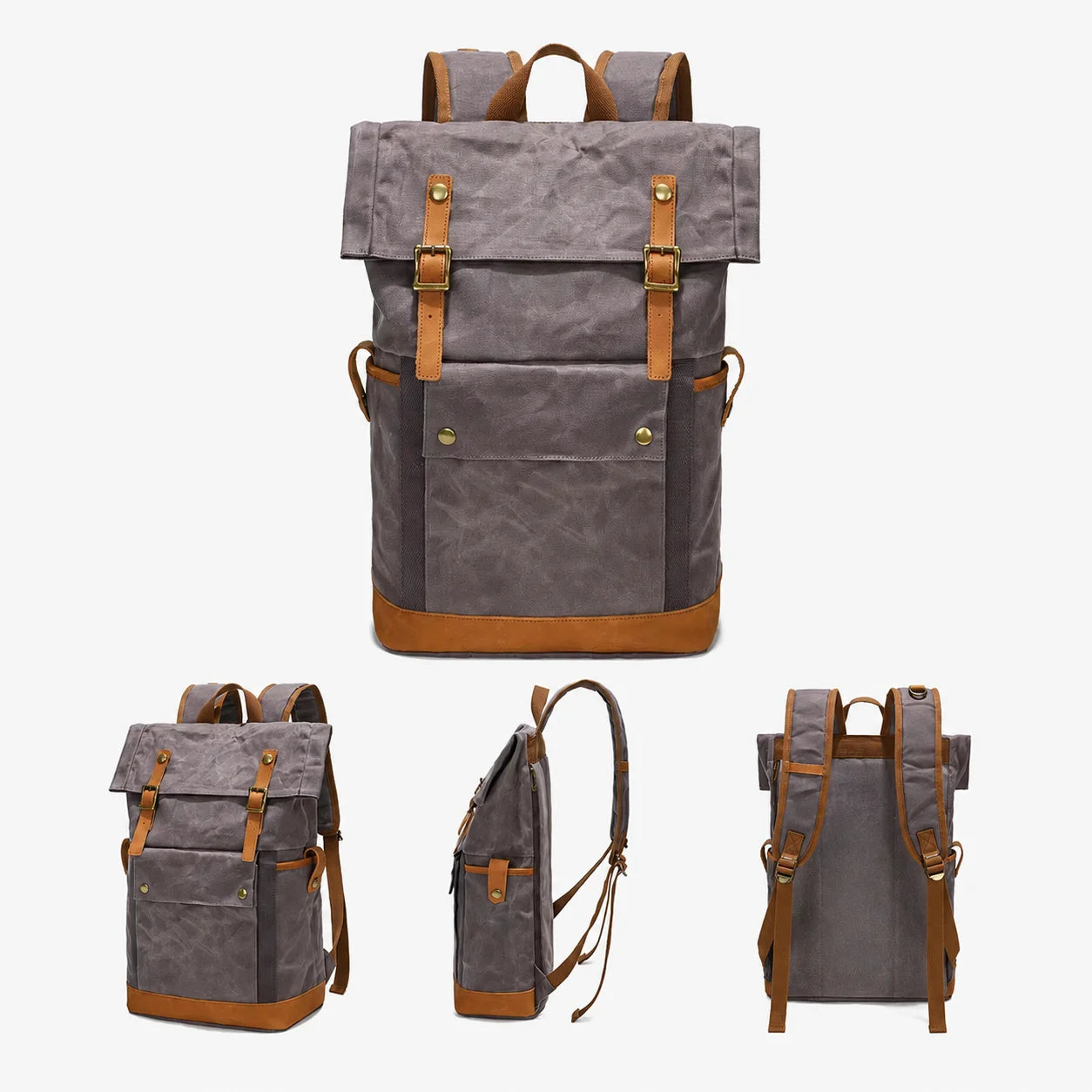 Men’s Waxed Canvas Backpack - Expandable Roll-Top with Leather Trim