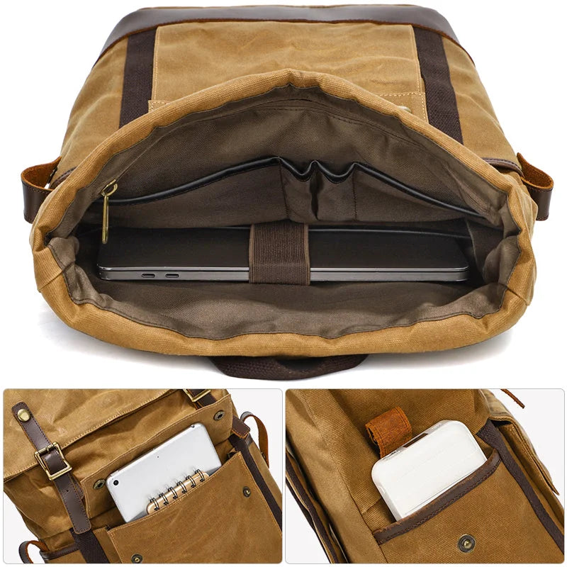 Men’s Waxed Canvas Backpack - Expandable Roll-Top with Leather Trim
