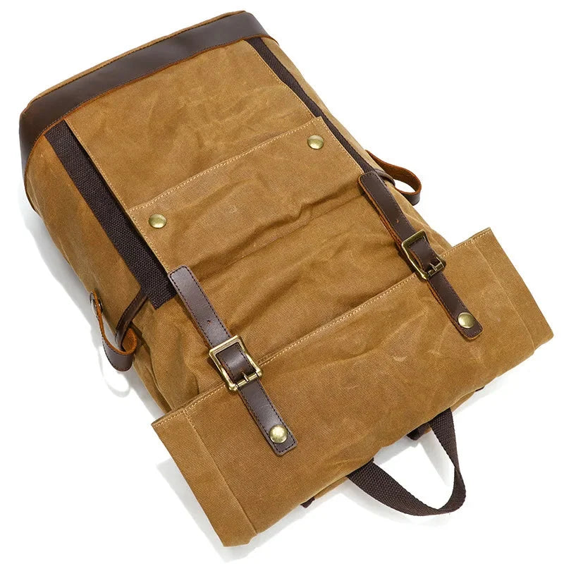 Men’s Waxed Canvas Backpack - Expandable Roll-Top with Leather Trim