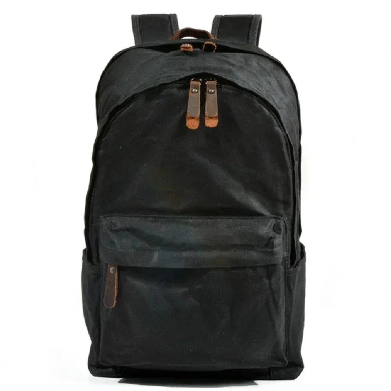 Men’s Waxed Canvas Backpack - Front Pocket Daypack - black