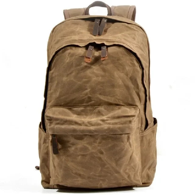 Men’s Waxed Canvas Backpack - Front Pocket Daypack - khaki