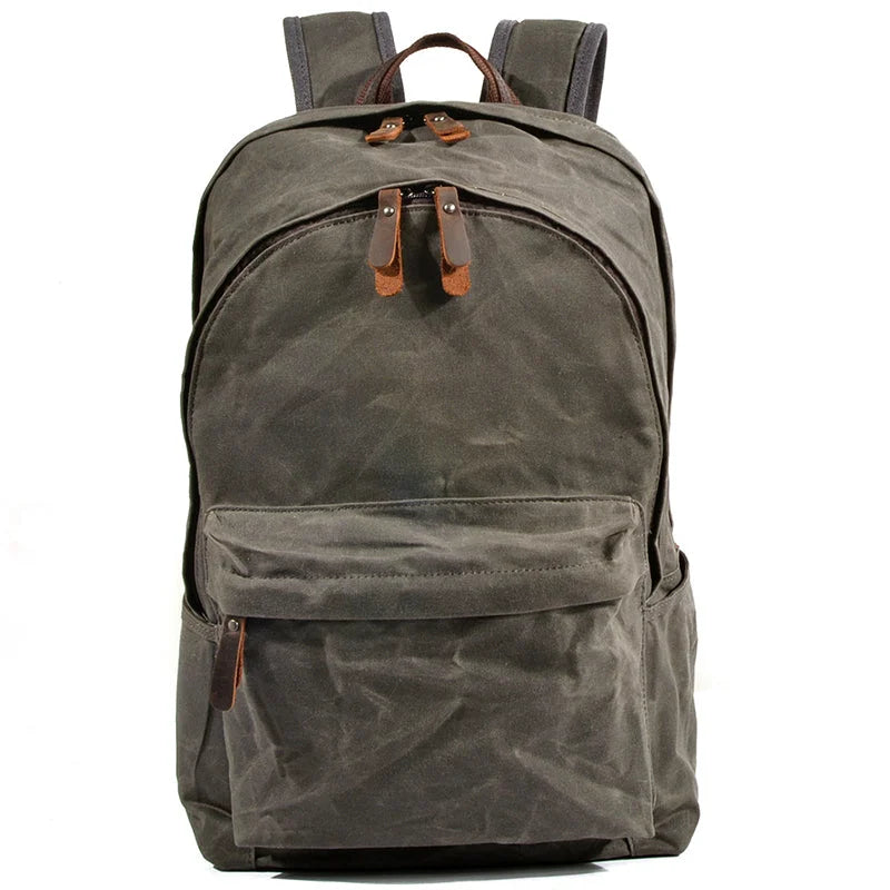 Men’s Waxed Canvas Backpack - Front Pocket Daypack - Olive