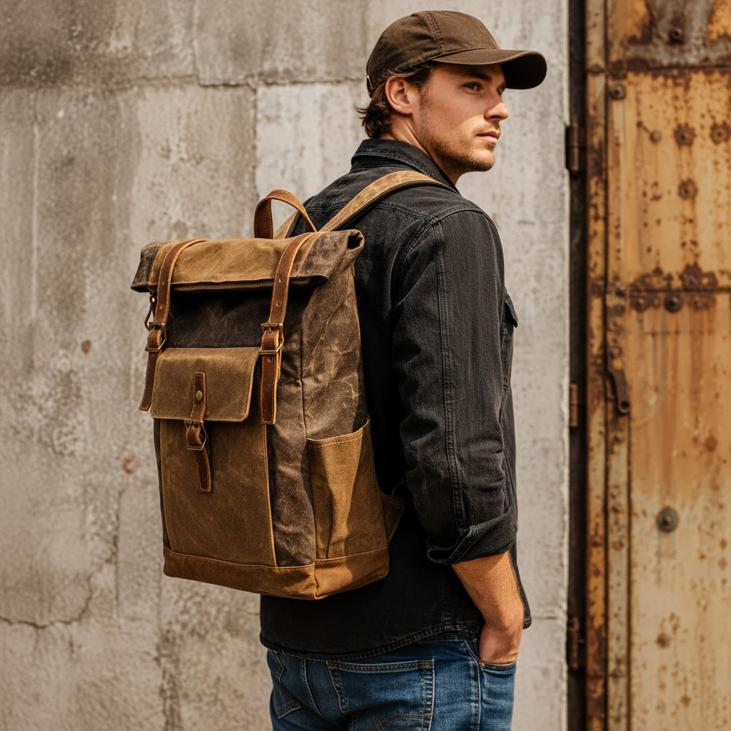 Men’s Waxed Canvas Backpack - Laptop Compartment Rucksack