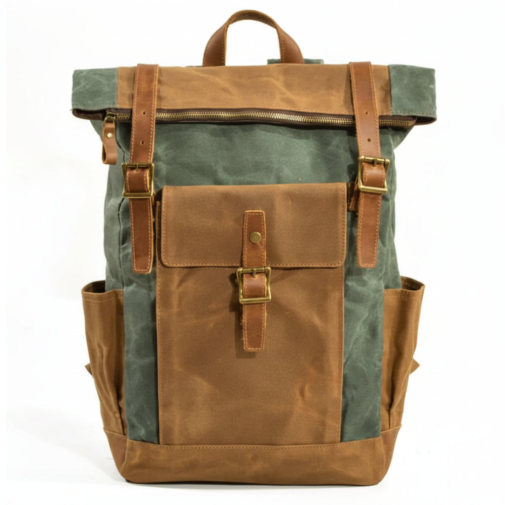 Men’s Waxed Canvas Backpack - Laptop Compartment Rucksack - Green