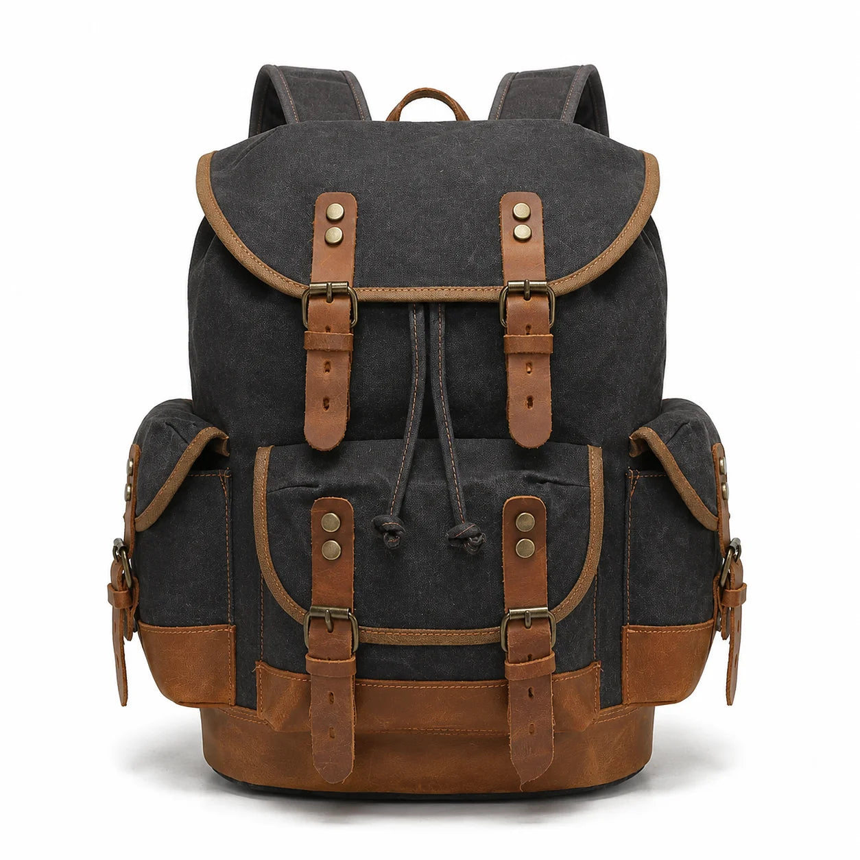 Men's Waxed Canvas Backpack - Leather Trim Vintage Rucksack