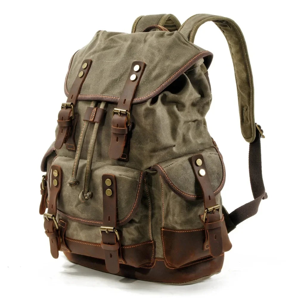 Men’s Waxed Canvas Backpack - Leather Trim Vintage Rucksack