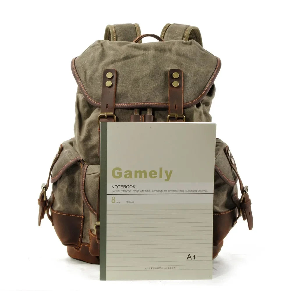 Men’s Waxed Canvas Backpack - Leather Trim Vintage Rucksack