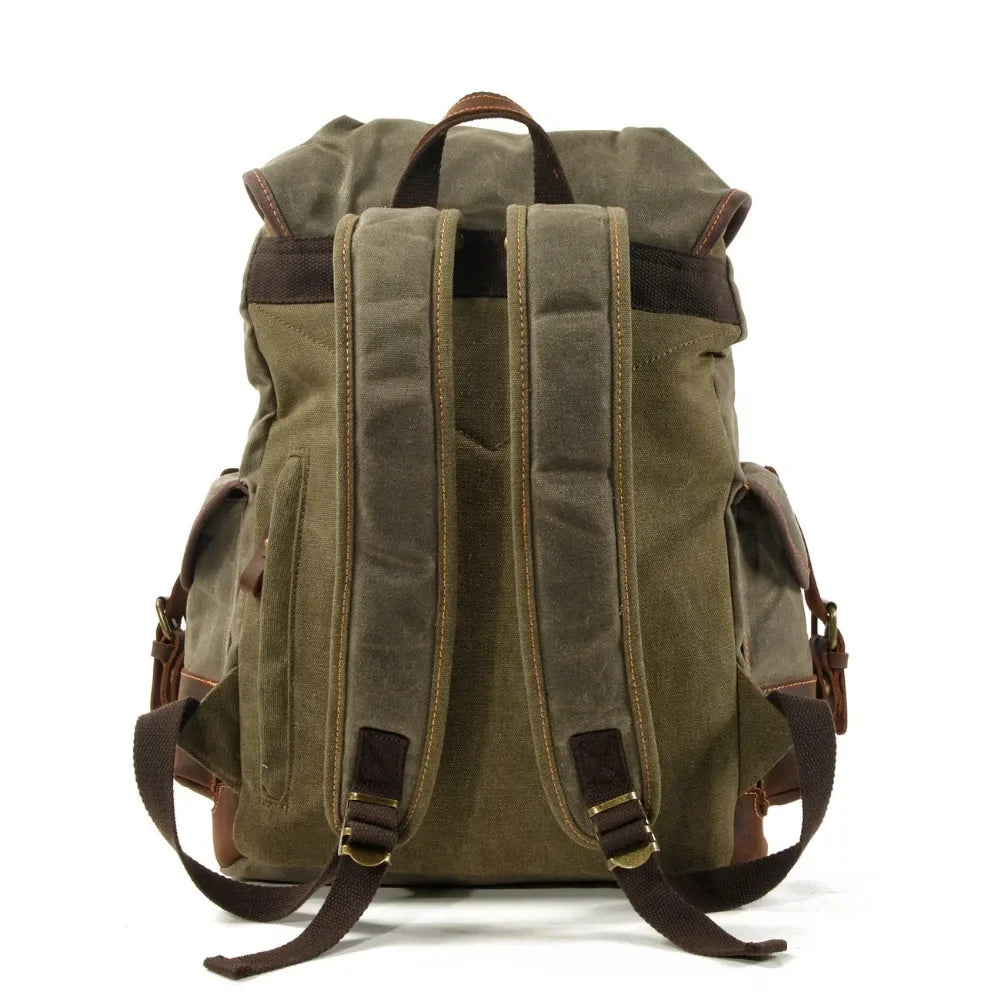 Men’s Waxed Canvas Backpack - Leather Trim Vintage Rucksack
