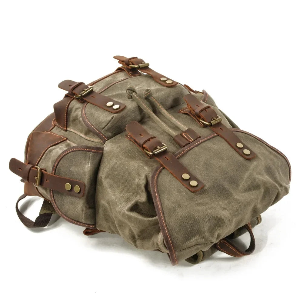 Men’s Waxed Canvas Backpack - Leather Trim Vintage Rucksack