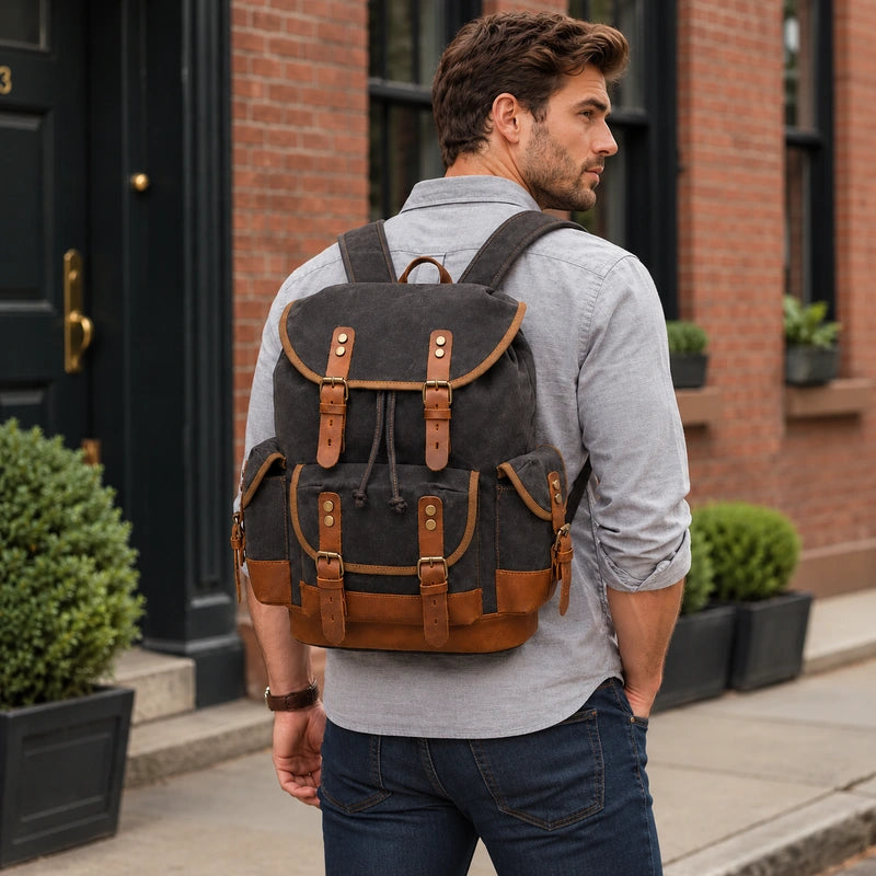 Men’s Waxed Canvas Backpack - Leather Trim Canvas Vintage