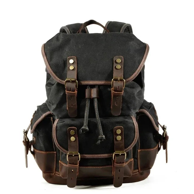Men’s Waxed Canvas Backpack - Leather Trim Vintage Rucksack - Black