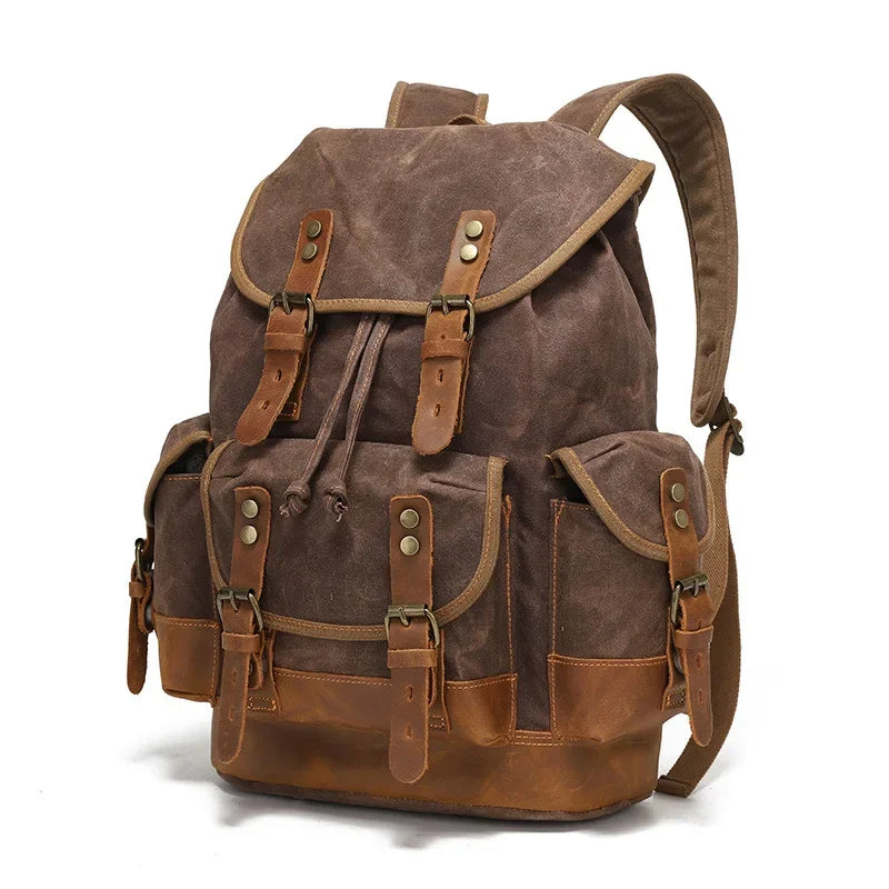canvas leather trim backpack 25L Traveler Tan waxed canvas with premium leather accents Leather-Trim Canvas Backpack