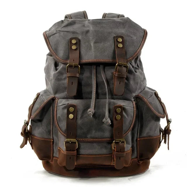 Men’s Waxed Canvas Backpack - Leather Trim Vintage Rucksack - Dark gray