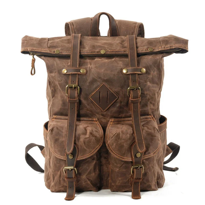 Men’s Waxed Canvas Backpack - Two-Pocket 16’’ Laptop Rucksack - coffee