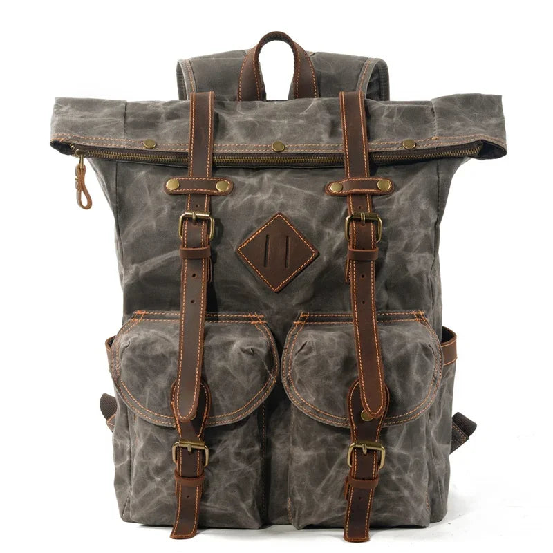 Men’s Waxed Canvas Backpack - Two-Pocket 16’’ Laptop Rucksack - Gray