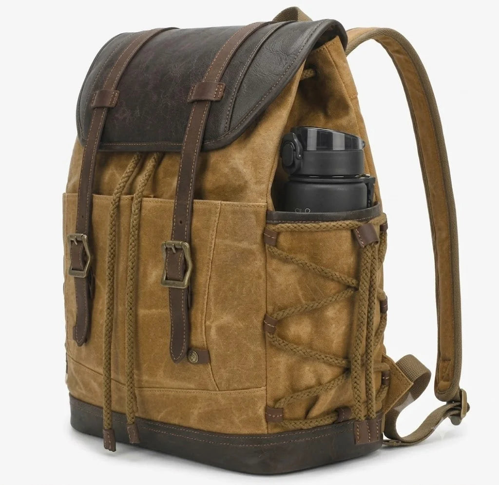 Men’s Waxed Canvas Backpack - Vintage Flap Laptop Rucksack