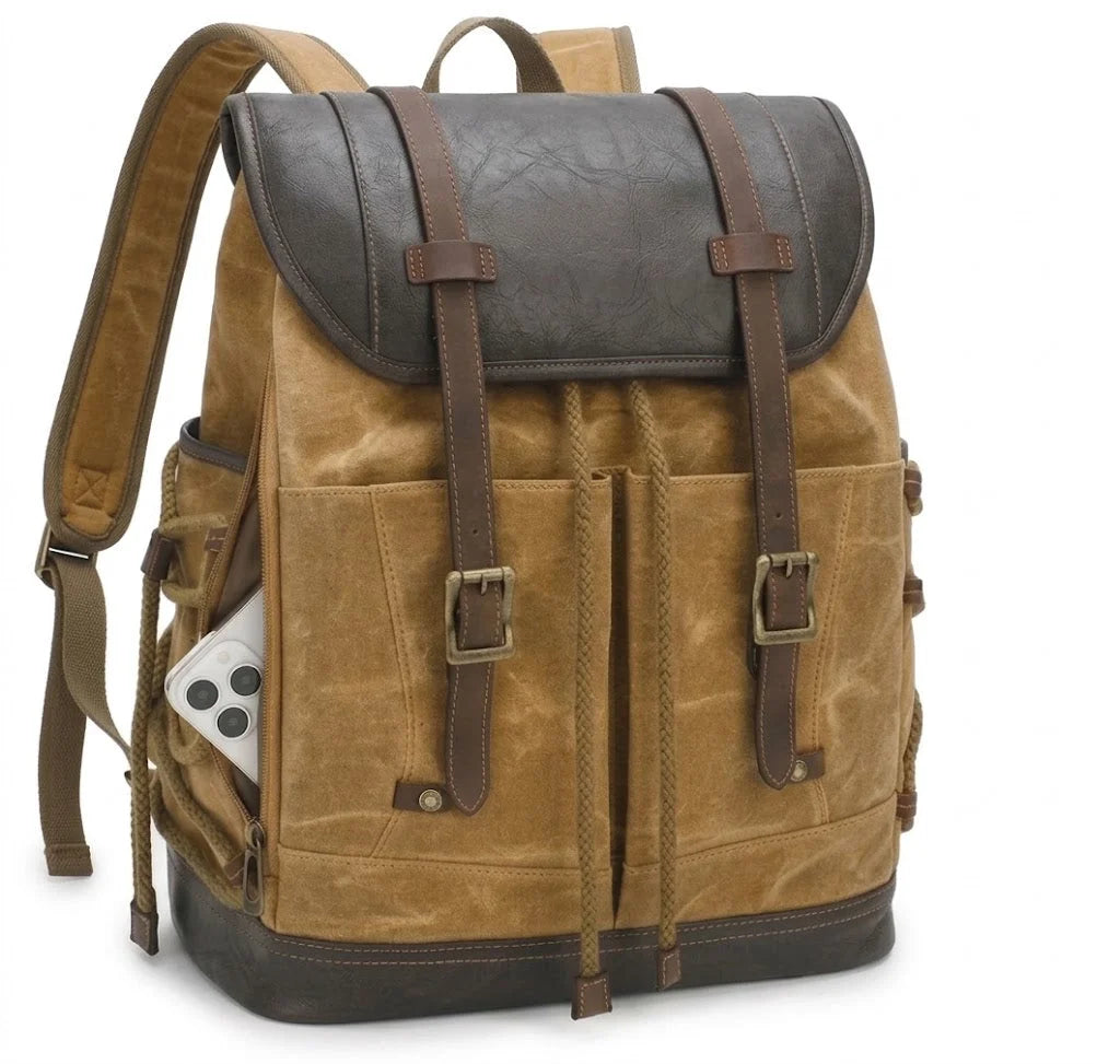 Men’s Waxed Canvas Backpack - Vintage Flap Laptop Rucksack